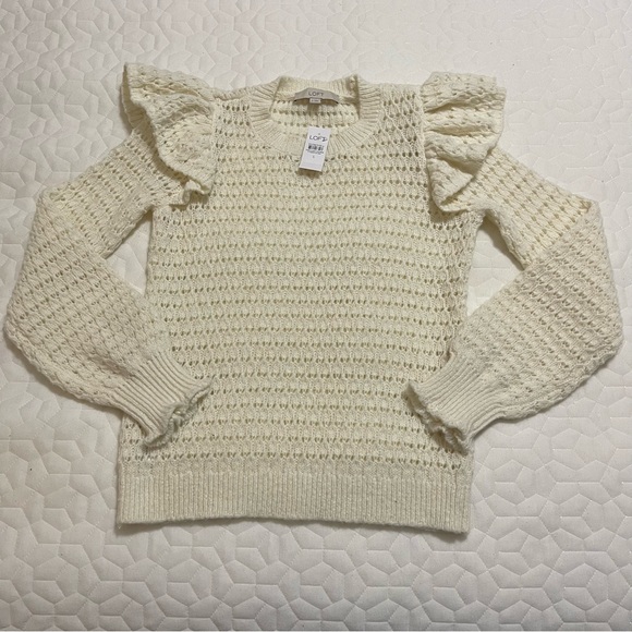 Loft Women's Cream Shoulder Ruffle Sweater Size Small - Picture 1 of 8